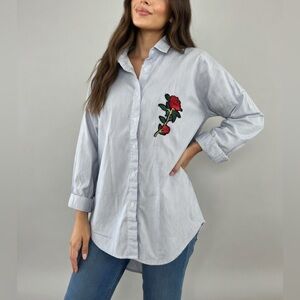 [SOLD 💫] Oversized Striped Button-Up Shirt with Rose Embroidery
